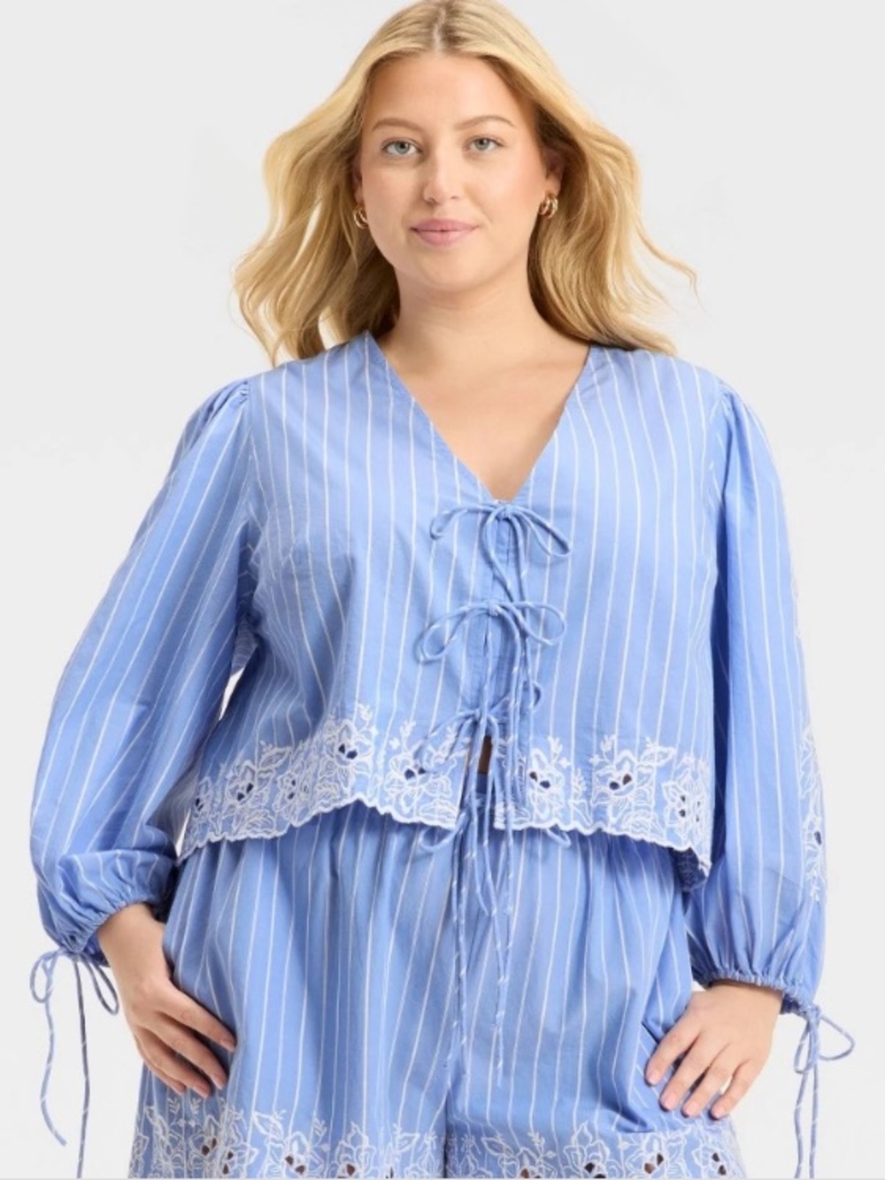 Future Collective Blue Striped Long Sleeve Eyelet Tie-Front Poplin Blouse